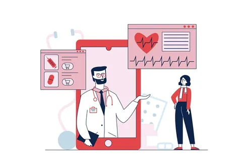 Illustration of a doctor on a smartphone screen with connected health data panels