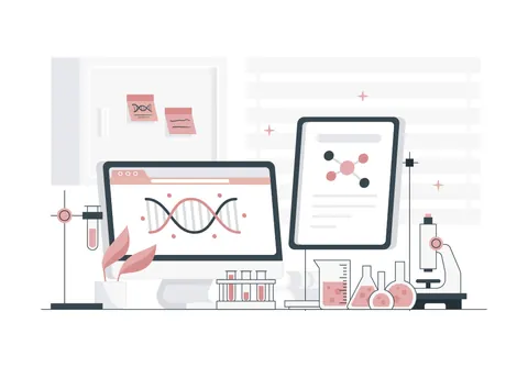 Illustration of a laboratory with computers showing DNA and sample data