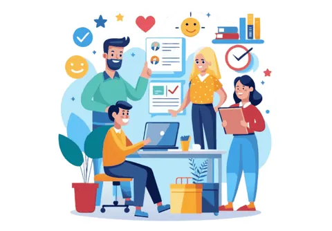 Illustration of colleagues reviewing survey results together at a desk