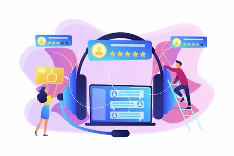 Illustration of people adding ratings and comments around a headset and laptop