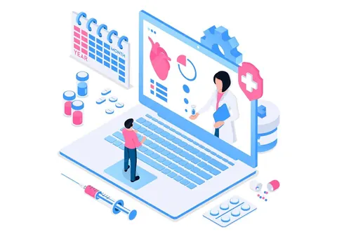 Illustration of a patient using a laptop to consult a doctor online