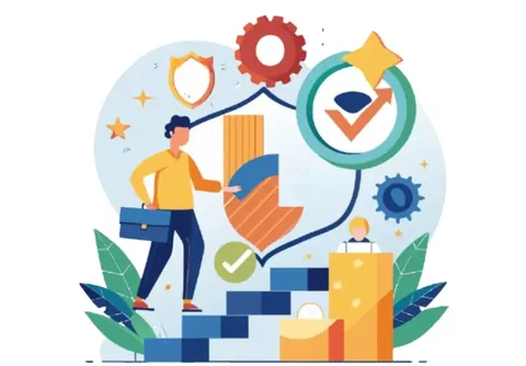 Illustration of a person climbing steps towards a quality certification badge