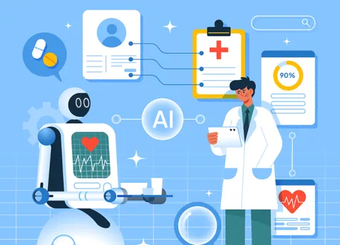Illustration of a doctor with a tablet beside a robot, an AI symbol and digital health records