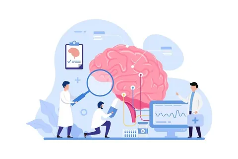 Illustration of clinicians examining a large brain model with monitoring equipment