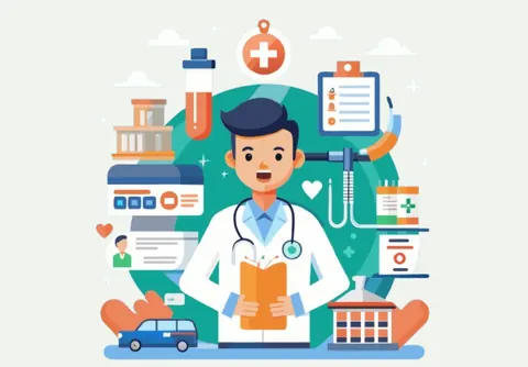 Illustration of a doctor surrounded by hospital, medical record and equipment icons