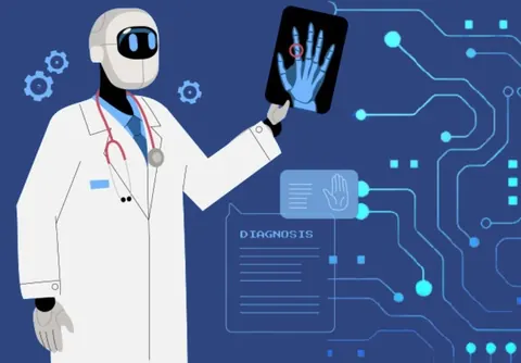 Illustration of a robot doctor reviewing an X-ray beside circuit lines