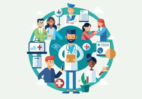 Illustration of a hospital team of doctors, nurses and support staff