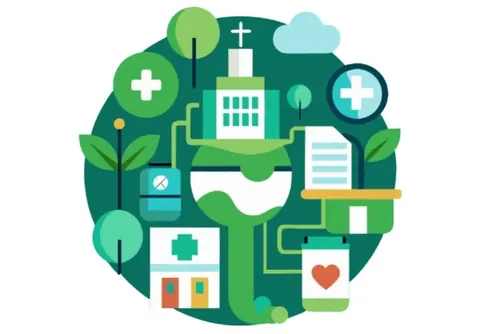Illustration of a green hospital surrounded by leaves and healthcare icons