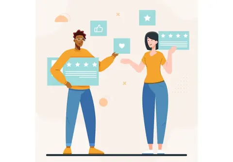 Illustration of two people sharing star ratings and feedback cards