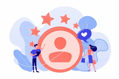 Illustration of two people studying a large customer profile icon with star ratings