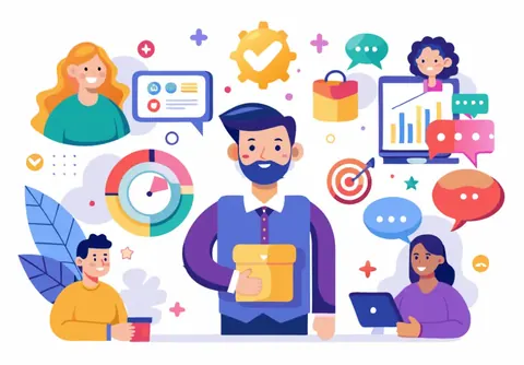 Illustration of customers interacting through messages, ratings and charts
