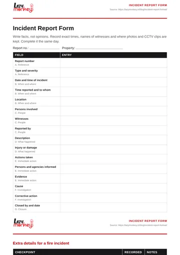 Cover of the Incident Report Form