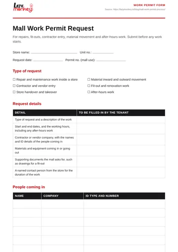 Cover of the Mall Work Permit Request Form