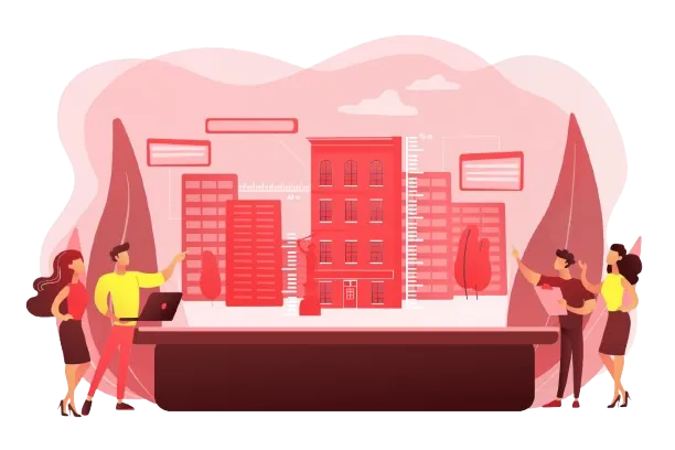 City officials reviewing citizen feedback insights around a smart city model